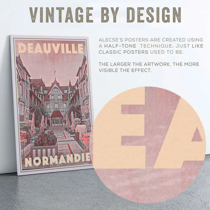 Close-up detail of the Normandy Deauville poster revealing vintage grain texture, softened pink tones and retro-inspired finish