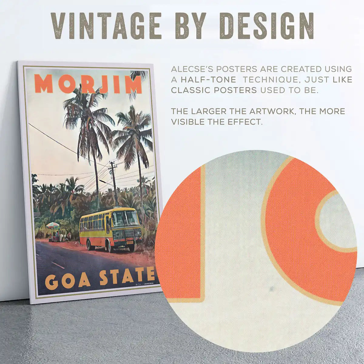 Close-up of the Morjim Goa travel poster showing Alecse’s signature half-tone texture and vintage-inspired print finish