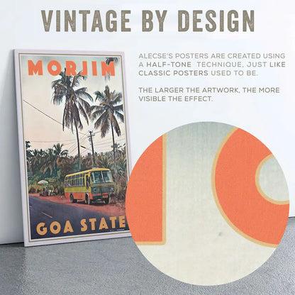 Close-up of the Morjim Goa travel poster showing Alecse’s signature half-tone texture and vintage-inspired print finish