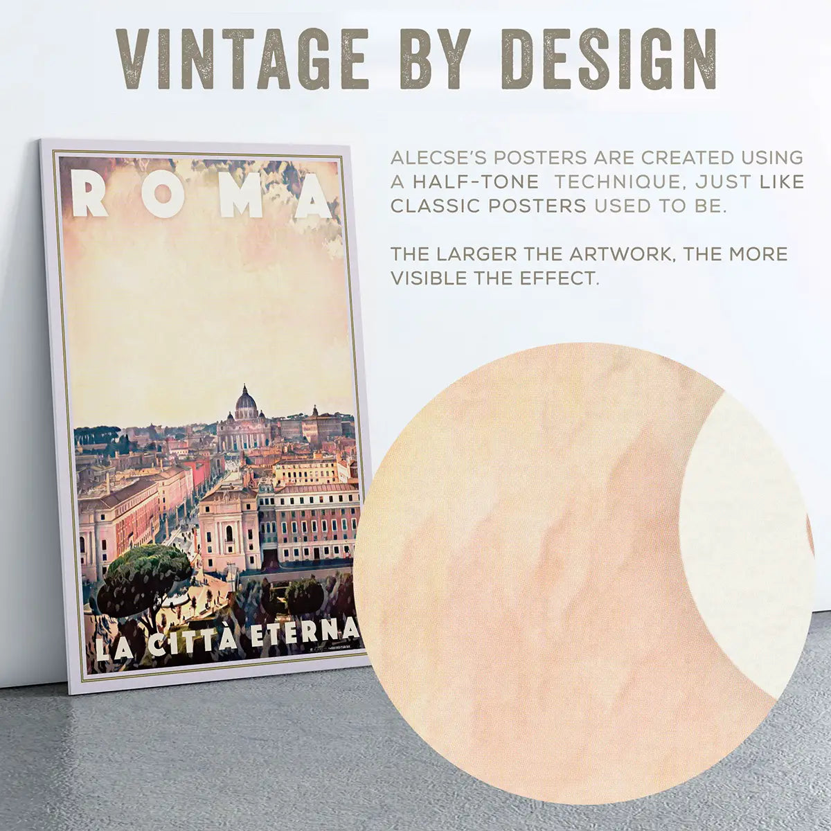 Close-up of the Rome Vatican poster showing Alecse’s signature half-tone texture and vintage-inspired print finish