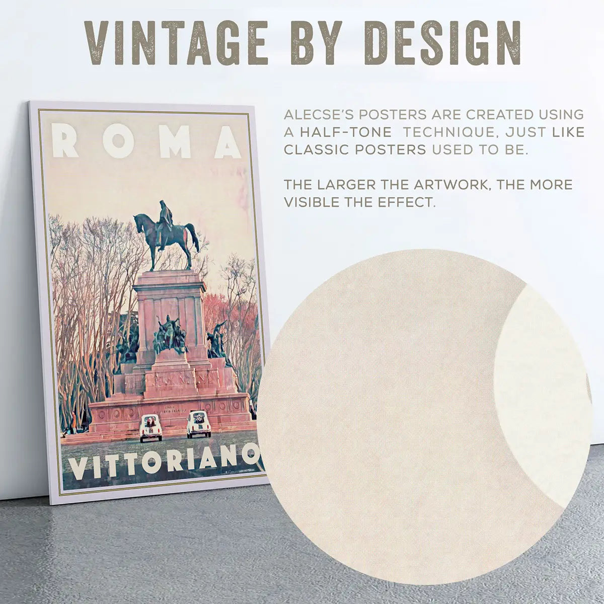 Rome Vittoriano poster illustrating Alecse’s signature vintage-inspired halftone printing technique with enlarged texture detail.