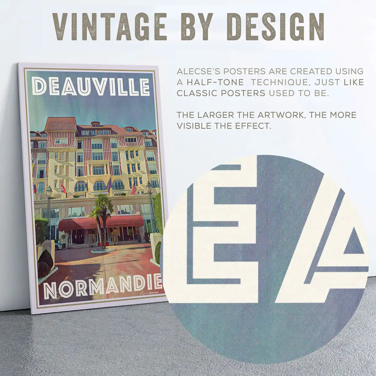 Vintage texture and halftone-style effect on the Royal Deauville Normandy travel poster