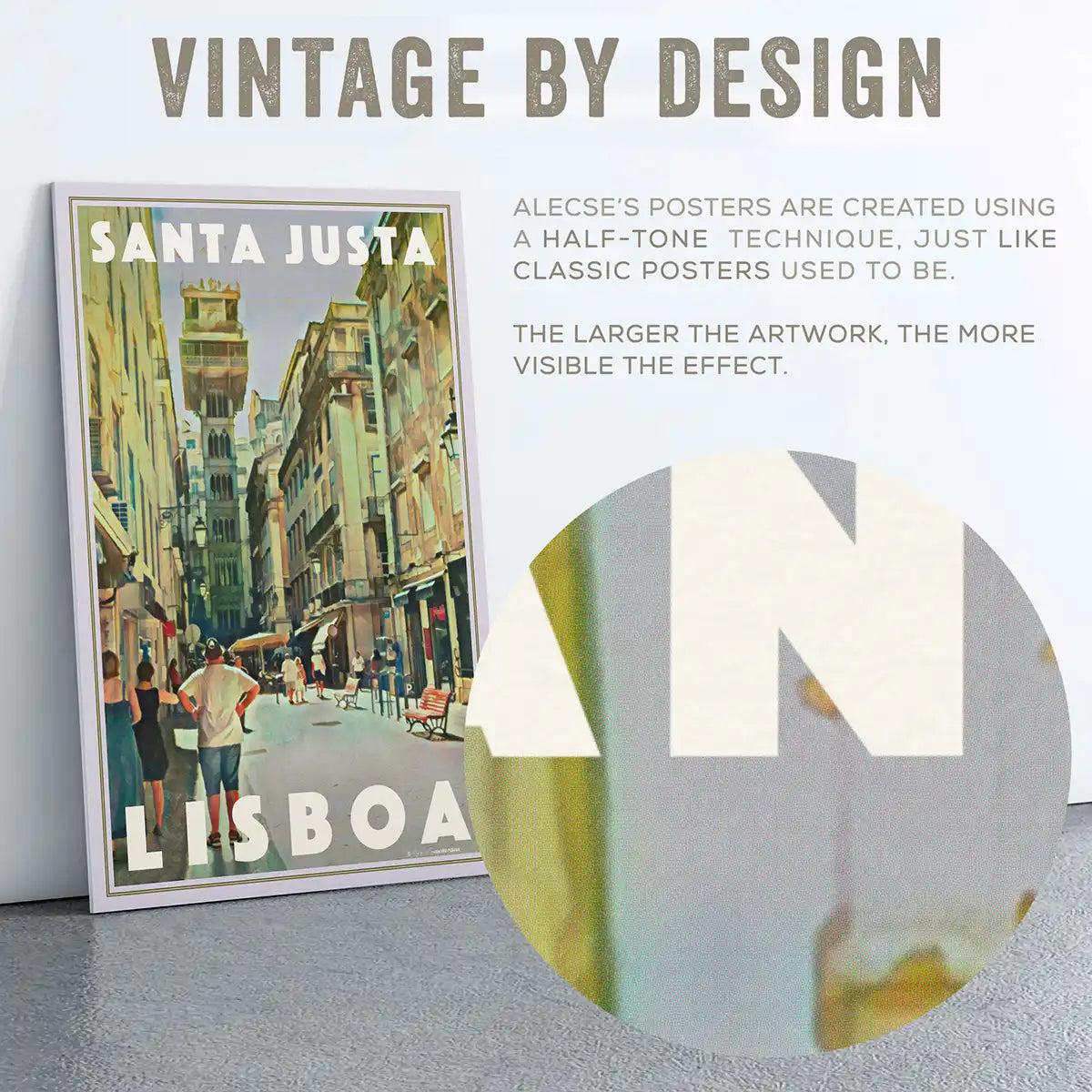 Santa Justa Elevator Lisbon poster by Alecse with close up of its vintage inspired halftone texture