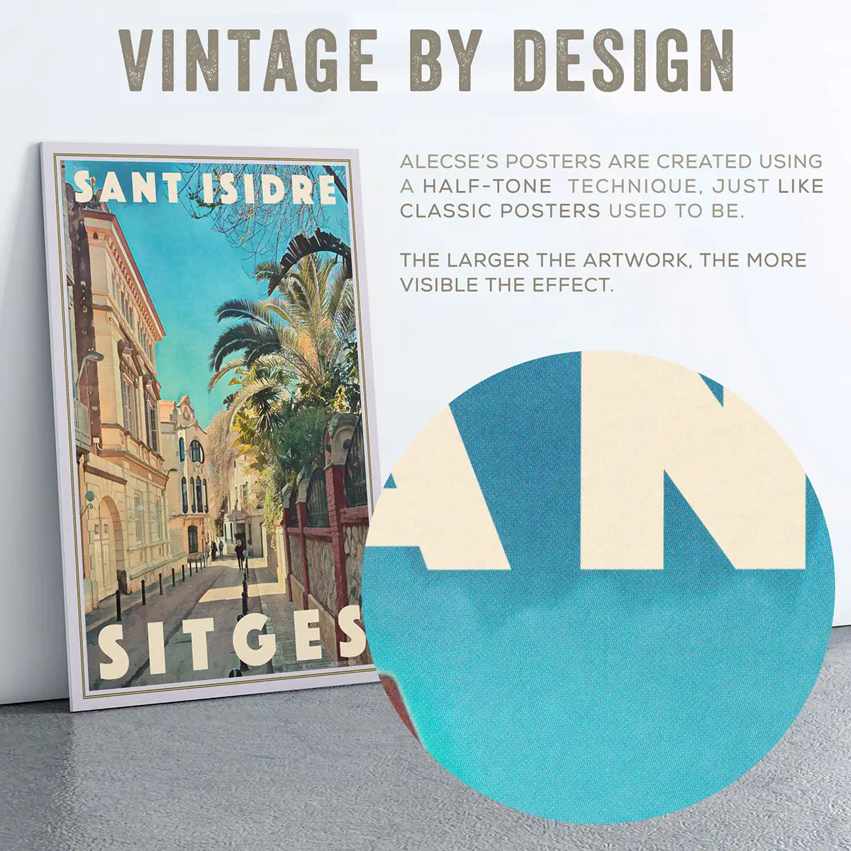 Sant Isidre Sitges poster close up showing halftone texture on blue sky and architectural details