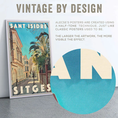 Sant Isidre Sitges poster close up showing halftone texture on blue sky and architectural details