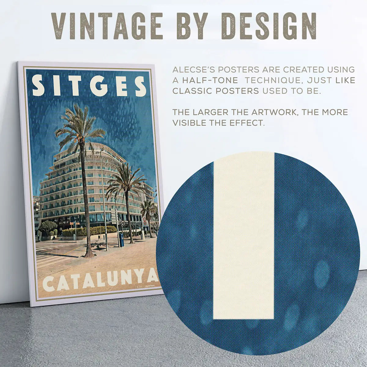 Passeig Marítim Poster Sitges close-up showing halftone texture in the blue Mediterranean sky and architectural details of the Calipolis Hotel