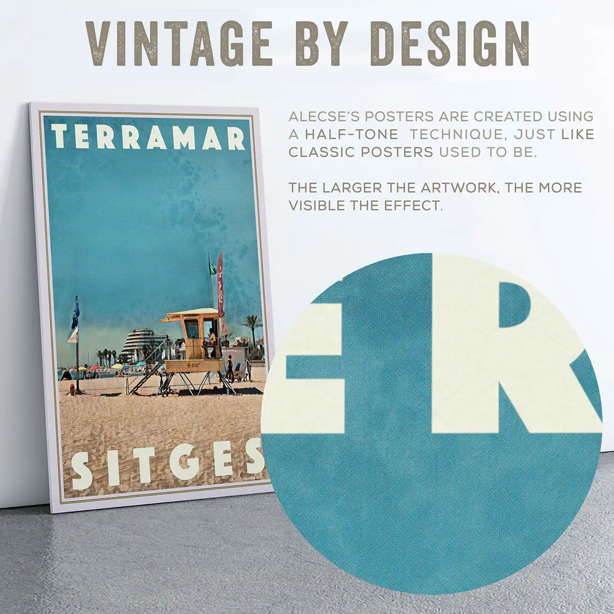 Vintage-style poster of Terramar Sitges with text about 'Vintage by Design' and half-tone technique.