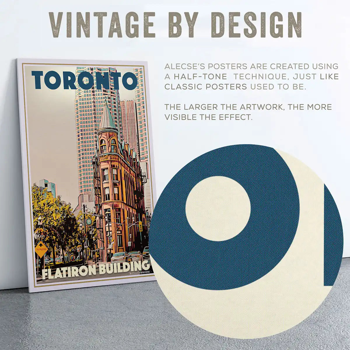 Vintage Toronto Flatiron Building travel poster by Alecse with halftone texture and retro architectural style, limited edition art print