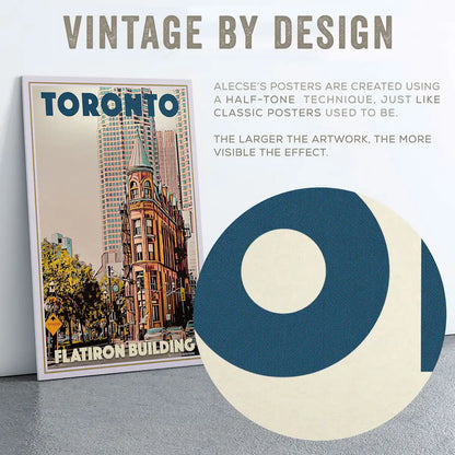 Vintage Toronto Flatiron Building travel poster by Alecse with halftone texture and retro architectural style, limited edition art print