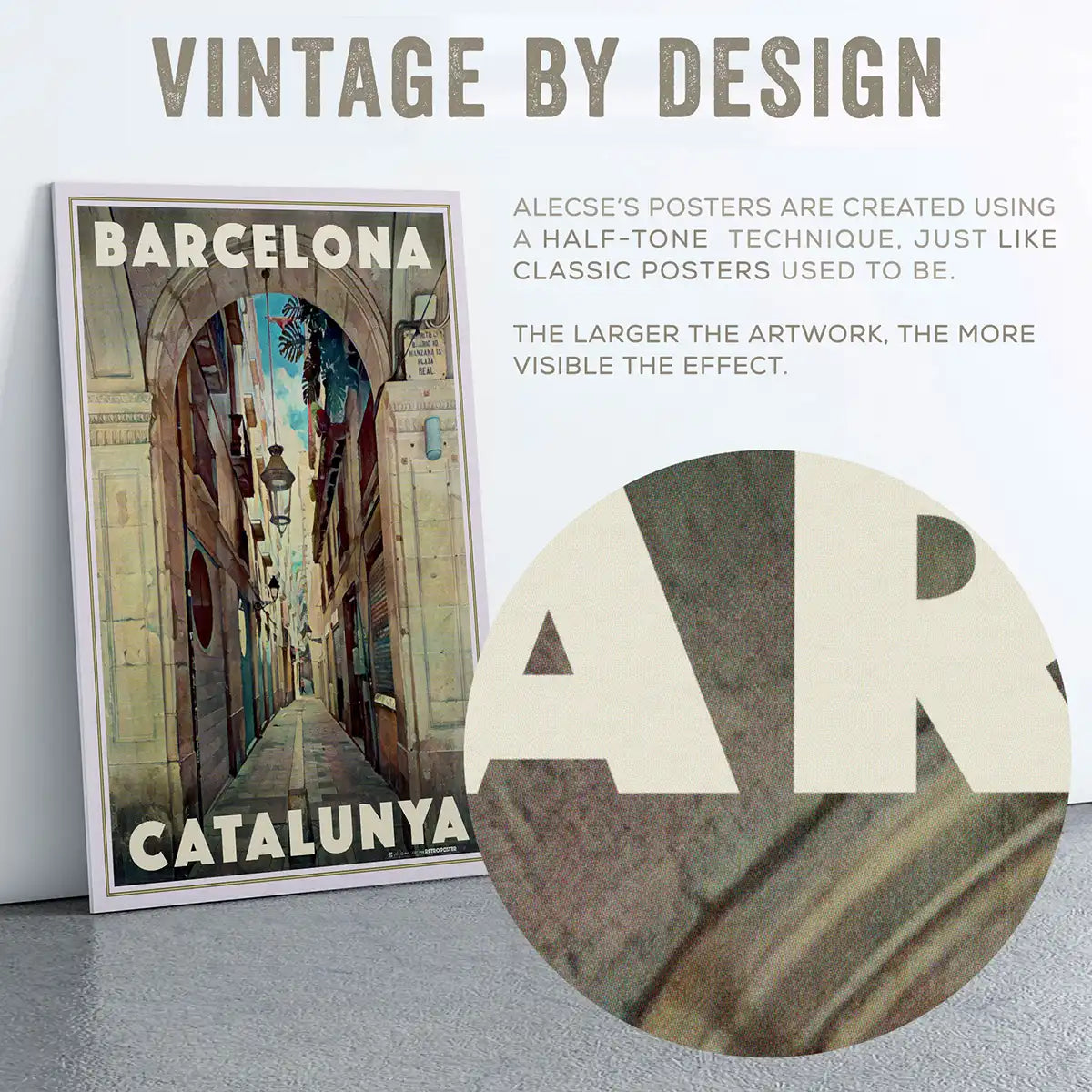 Close-up of Barcelona Gothic Quarter poster showing Alecse’s signature vintage halftone printing texture