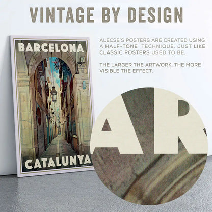 Close-up of Barcelona Gothic Quarter poster showing Alecse’s signature vintage halftone printing texture