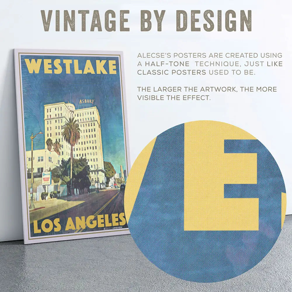 Magnified circular zoom showing halftone texture on the Westlake Los Angeles poster, replicating classic vintage printing