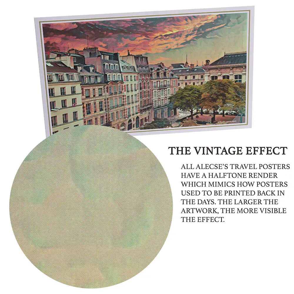 Close-up detail showing vintage halftone texture on Marais Panorama landscape poster