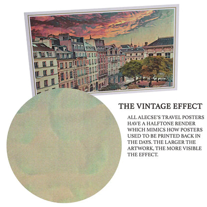 Close-up detail showing vintage halftone texture on Marais Panorama landscape poster