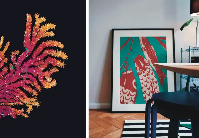 Vintage Exotics art prints by artist Cha, featuring botanical flowers, Asian-inspired fish and colorful coral displayed in eclectic interiors.