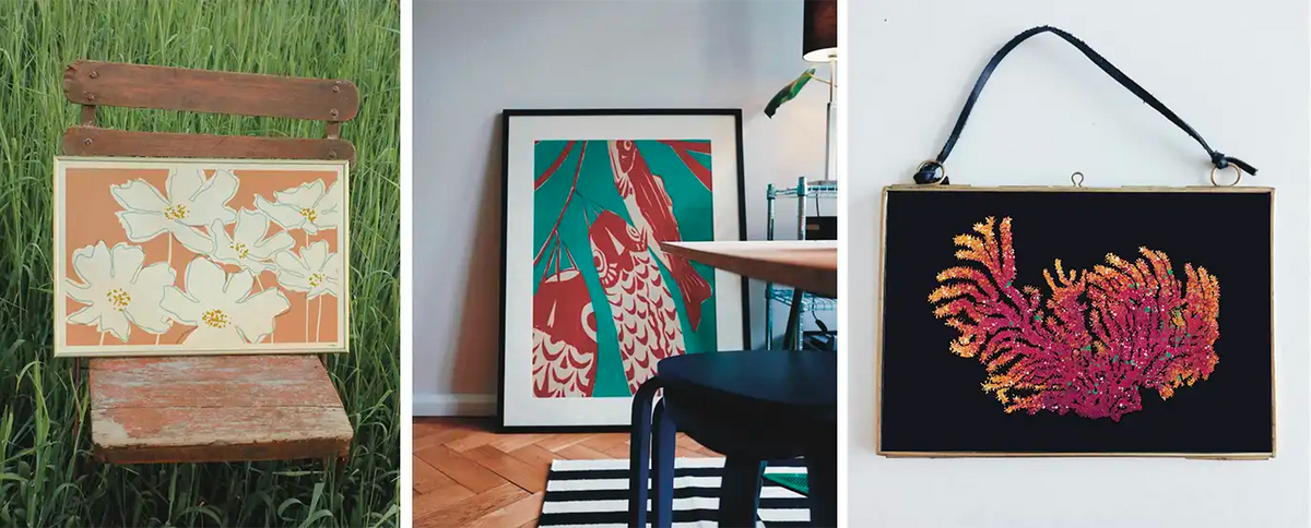 Vintage Exotics art prints by artist Cha, featuring botanical flowers, Asian-inspired fish and colorful coral displayed in eclectic interiors.