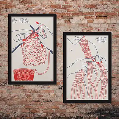 wall art gallery featuring Japanese-inspired posters from the Vintage Exotics™ collection by Cha, with retro pop illustrations of ramen noodles and udon noodles