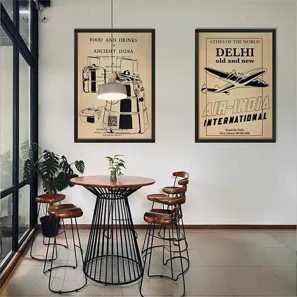 Vintage Indian travel posters featuring Air India and traditional Indian food and drinks, from The Great Indian Decor collection by Shree.