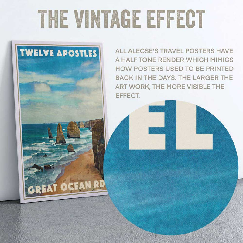 Macro view of the Twelve Apostles poster highlighting Alecse’s signature half-tone render effect, adding a nostalgic vintage texture