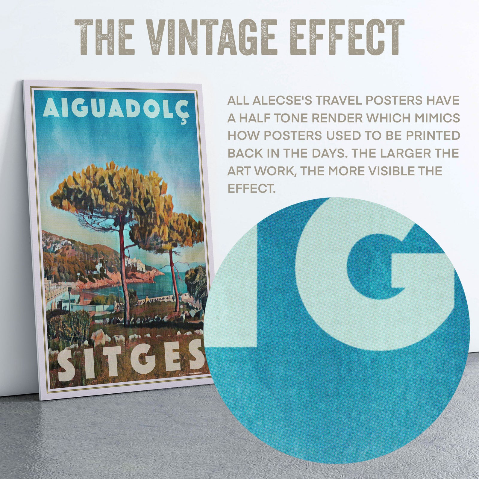 Macro detail of halftone texture from Alecse’s Aiguadolç Sitges travel poster, showing authentic retro printing style.
