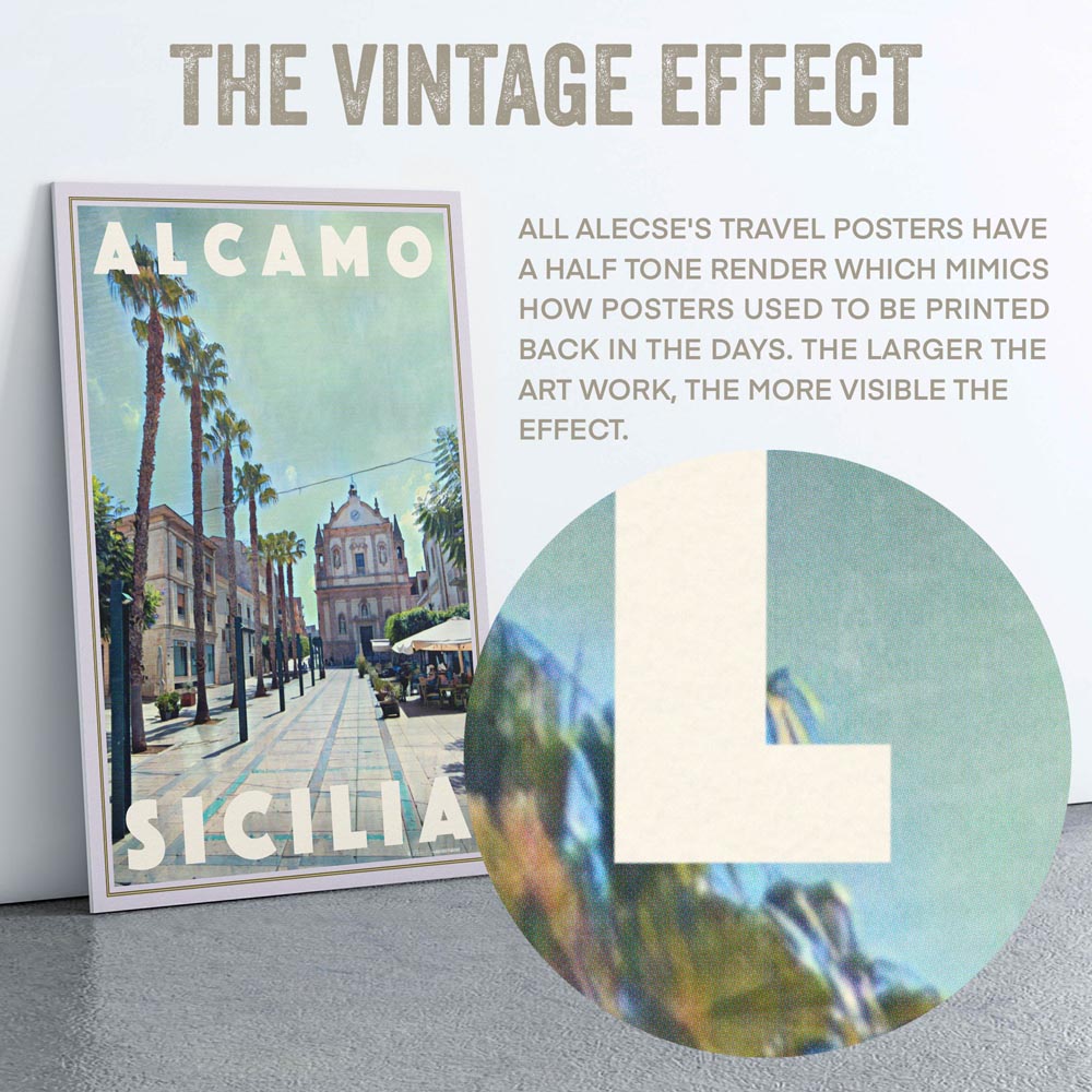 Detailed view of the half-tone vintage effect on the Alcamo Sicily travel poster, showcasing Alecse’s unique rendering