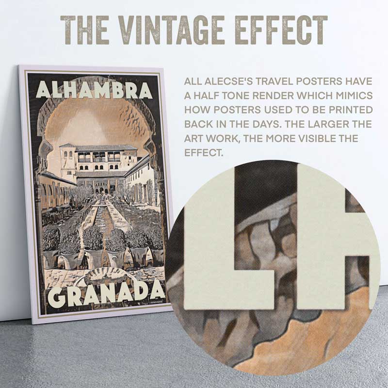 Gros plan sur l'effet de demi-teintes de l'affiche de voyage Alhambra d'Alecse