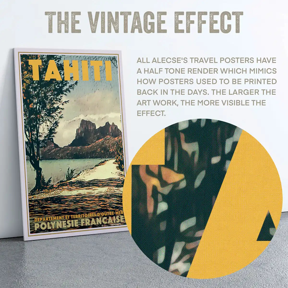 The Vintage Effect detail showing halftone grain and warm tropical tones