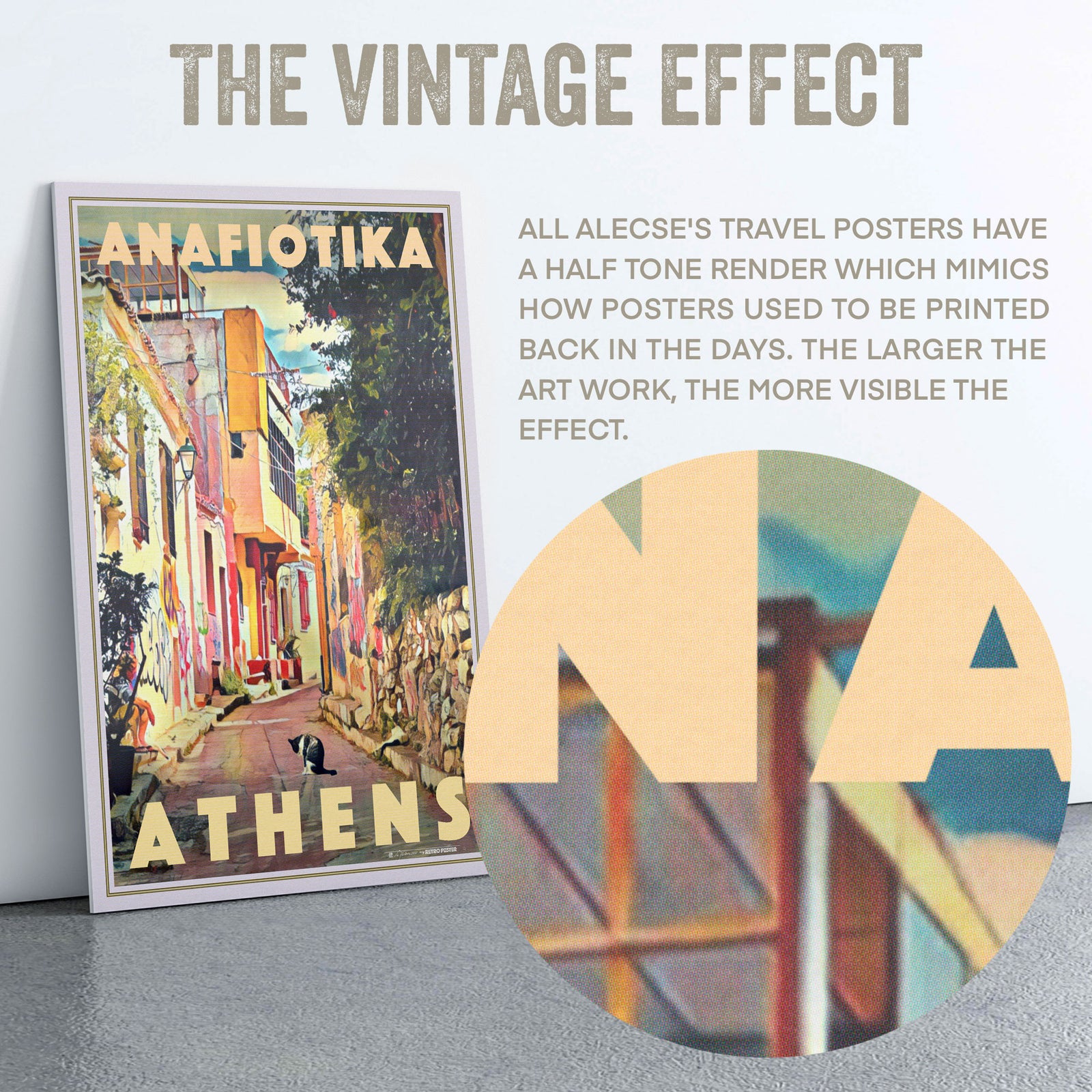 Zoom on the halftone texture and retro font of the Anafiotika travel poster with circular close-up