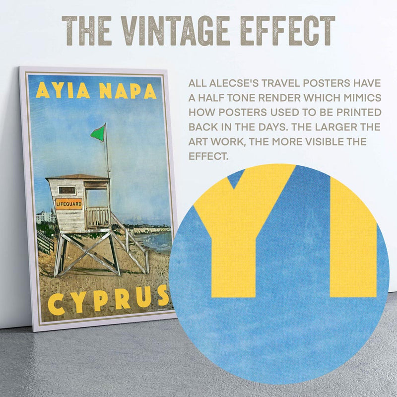 Close-up of the lifeguard tower in the Ayia Napa travel poster, showing the textured halftone details