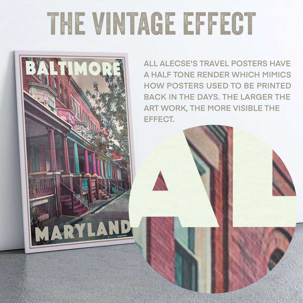Macro view of Alecse's Baltimore poster showcasing half-tone artistic style