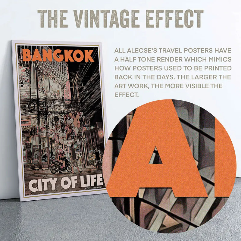 Macro view of Alecse's 'City of Life' poster, revealing the half-tone render of Bangkok's lively street scene