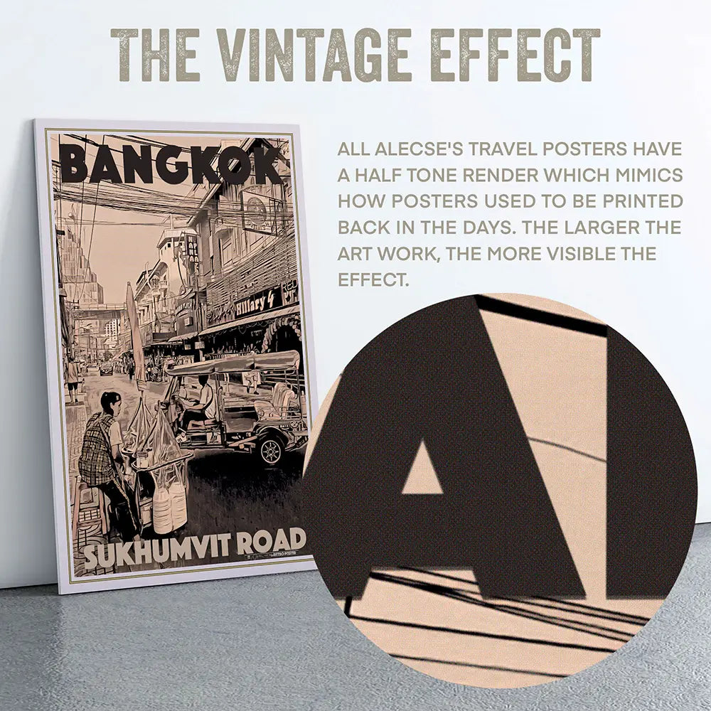 Vintage effect with zoom on “A” of the poster Bangkok Sukhumvit Road – showcasing Alecse’s signature half-tone texture