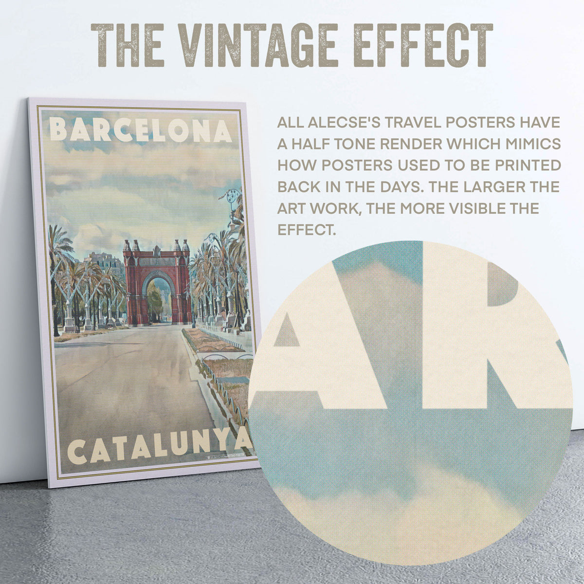 Macro detail of halftone texture from Alecse’s Barcelona Arch poster, mimicking 1950s travel printing.