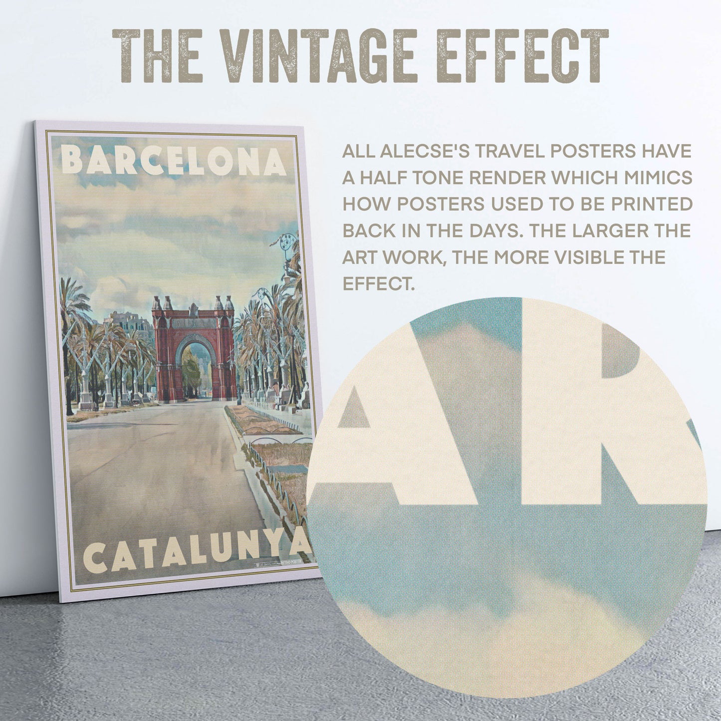 Macro detail of halftone texture from Alecse’s Barcelona Arch poster, mimicking 1950s travel printing.