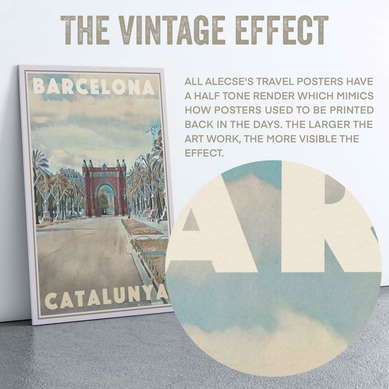 Macro detail of halftone texture from Alecse’s Barcelona Arch poster, mimicking 1950s travel printing.