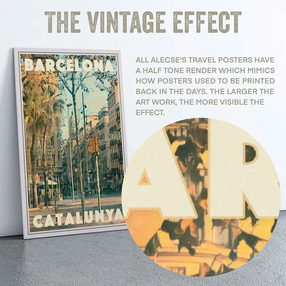 Vintage halftone effect on Barcelona Catalunya travel poster