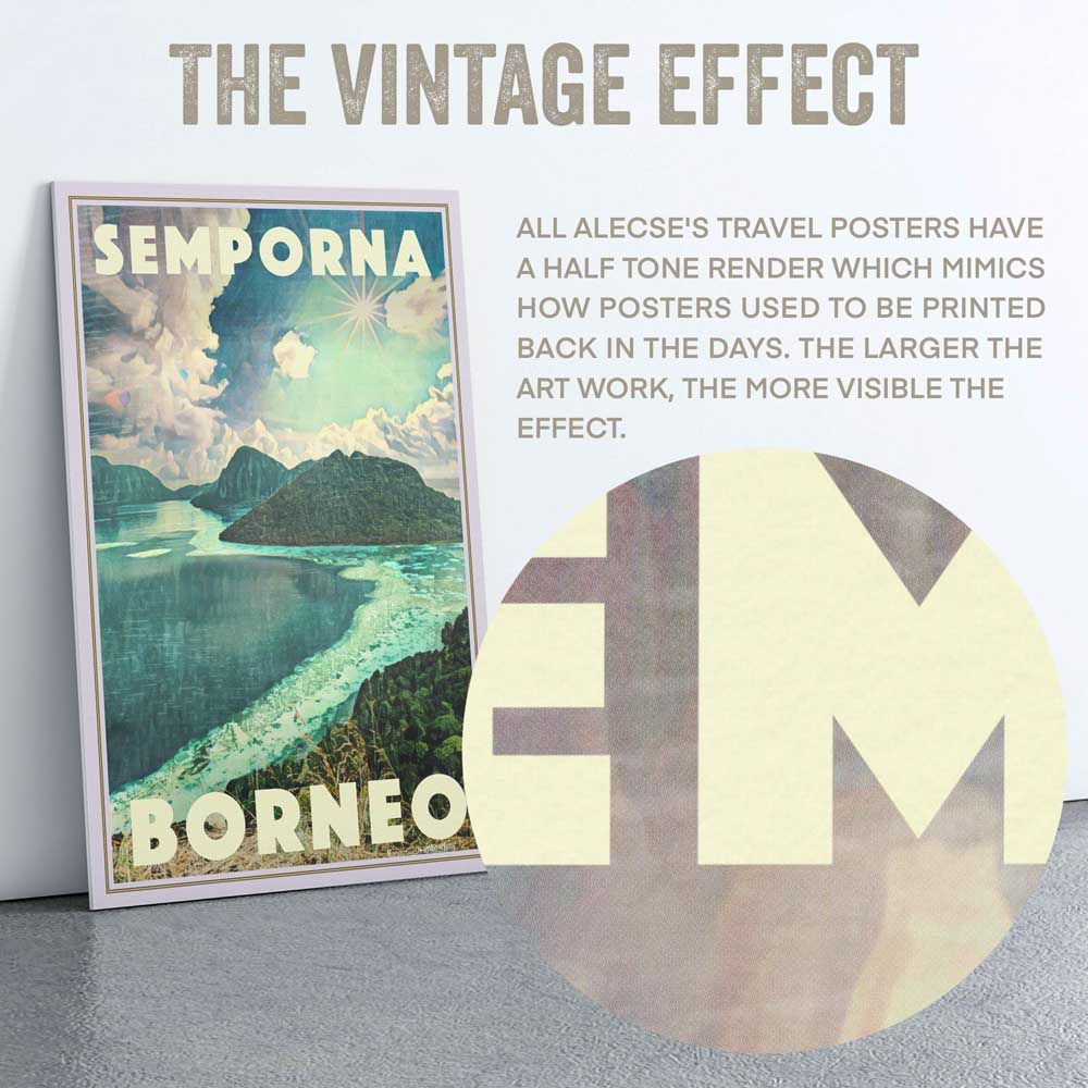 A macro circle of Alecse's Semporna poster highlighting the distinctive half-tone render, a signature of his limited edition works