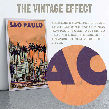 Magnified close-up on the poster of Sao Paulo's title revealing the halftone texture, signature style of French poster artist Alecse