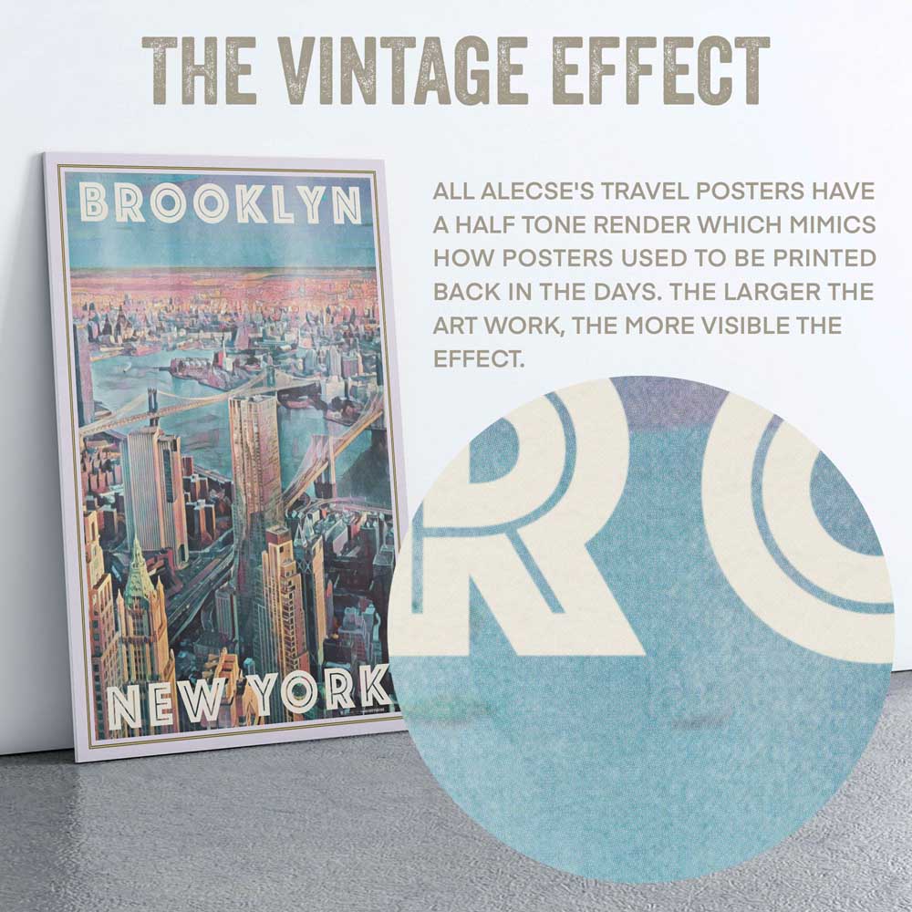 Macro shot of the Brooklyn Perspective poster’s title area, showcasing Alecse’s signature half-tone rendering style