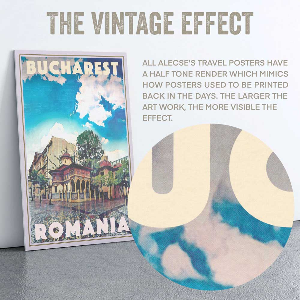 Macro of Alecse's Bucharest Poster showcasing the unique halftone technique and soft focus that captures the essence of Romania