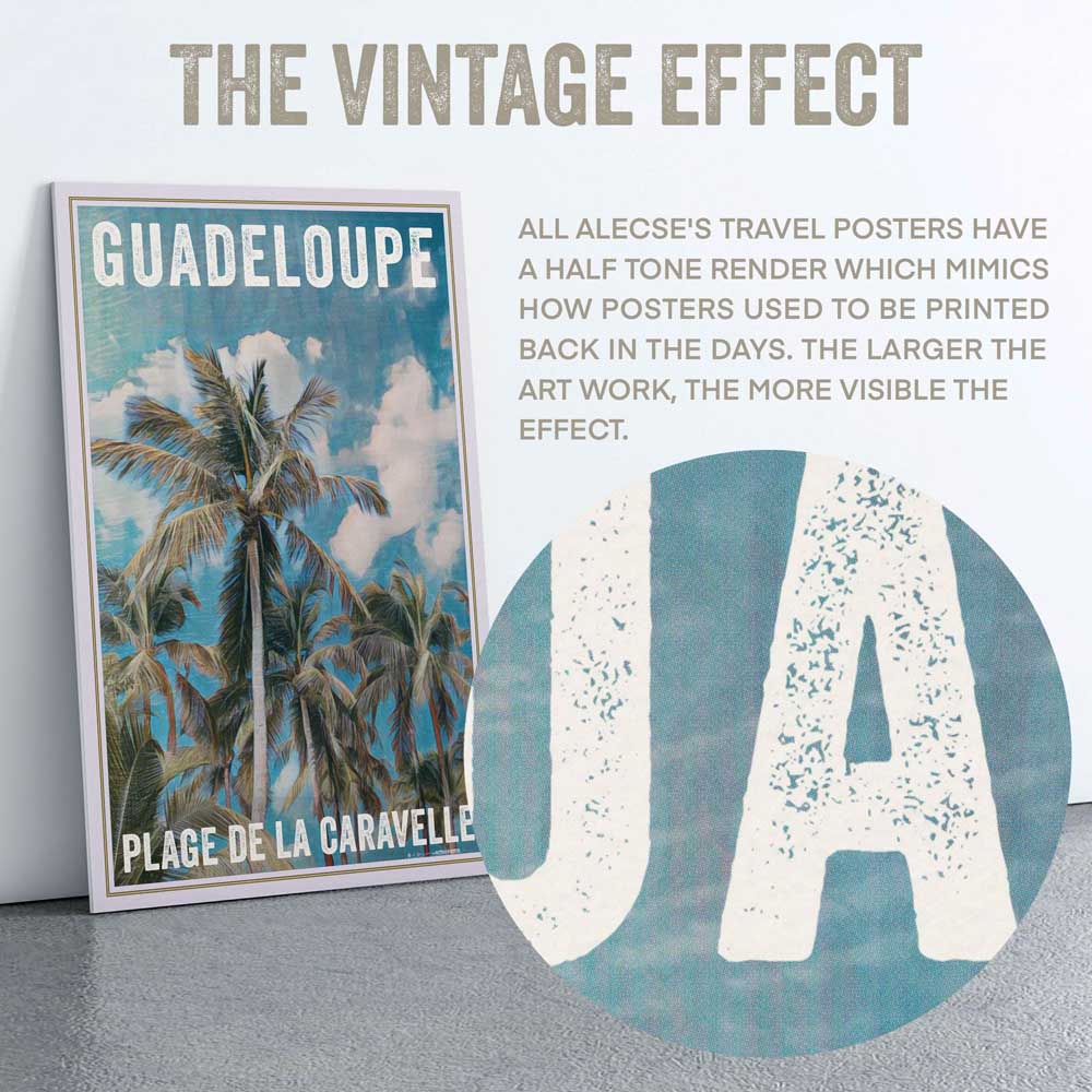 Detailed view of Alecse's half-tone style on Guadeloupe Beach Poster