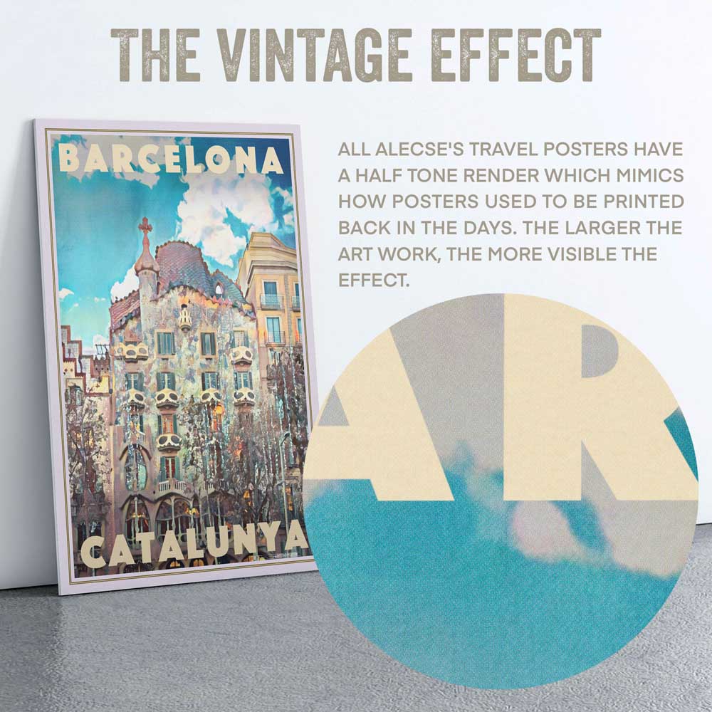Macro detail of Alecse's half-tone style on Casa Batllo Barcelona Poster