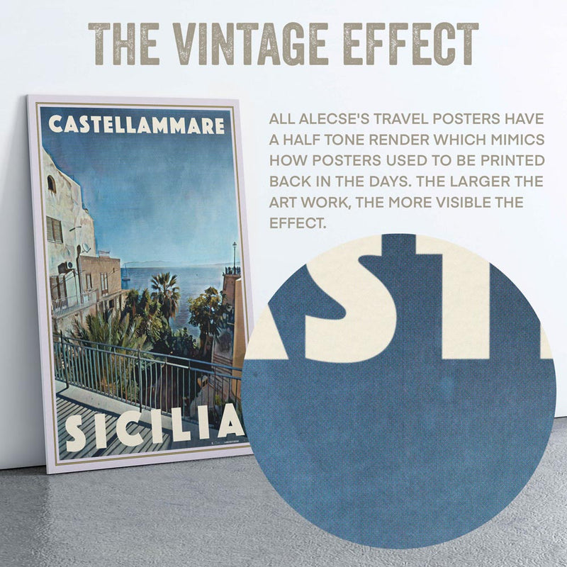 Vintage halftone detail of Castellammare poster typography and color texture