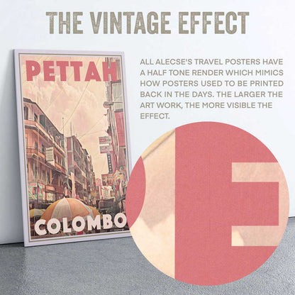 Close-up of Alecse's Pettah Market poster, featuring the half-tone render that characterizes his signature artistic technique