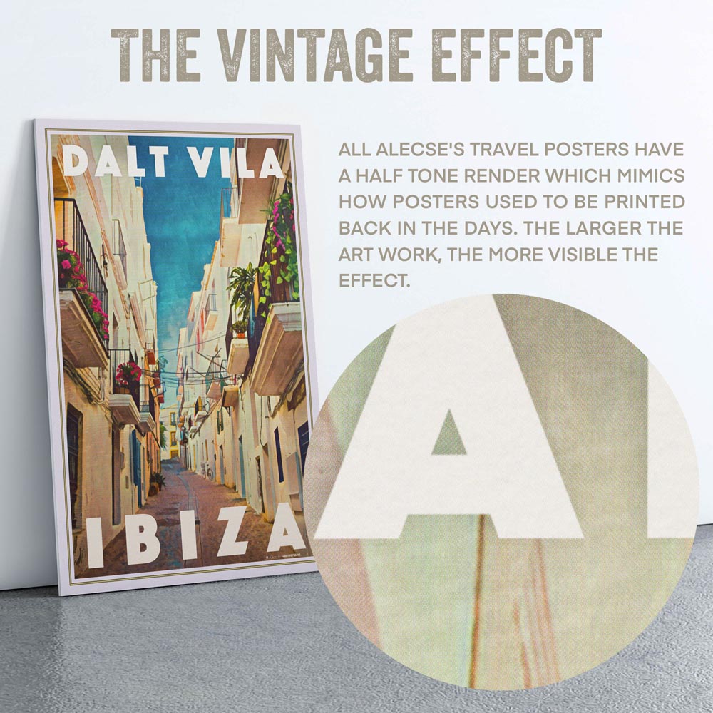 Macro detail of the Dalt Vila poster title letters, revealing Alecse’s signature half-tone rendering technique