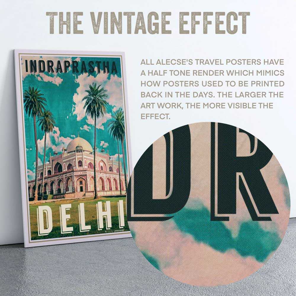 Alecse's half-tone style captured in the 'Indraprastha' Delhi poster, showcasing vintage artistry