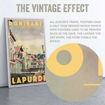 Detail of Alecse's Donibane Lohizune poster with half-tone artistry, reflecting the essence of St Jean de Luz