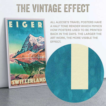 Zoom on the halftone texture and aged print effect of the Eiger travel poster, with a circular close-up highlighting the retro typography and dot pattern
