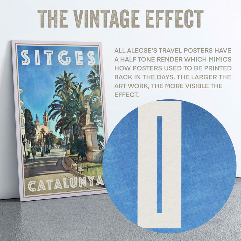Macro view of halftone texture on Alecse’s Sitges poster, showing retro vintage printing effect