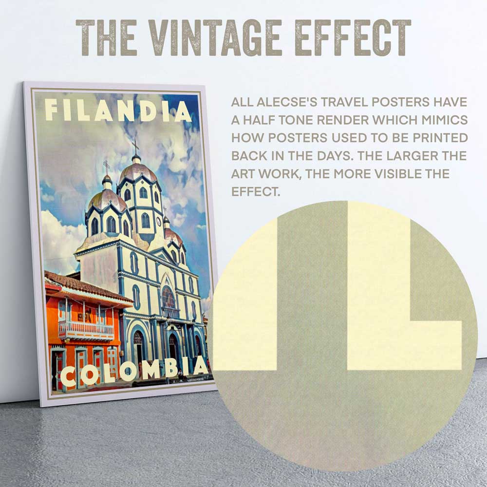 Close-up of halftone vintage texture on Filandia poster